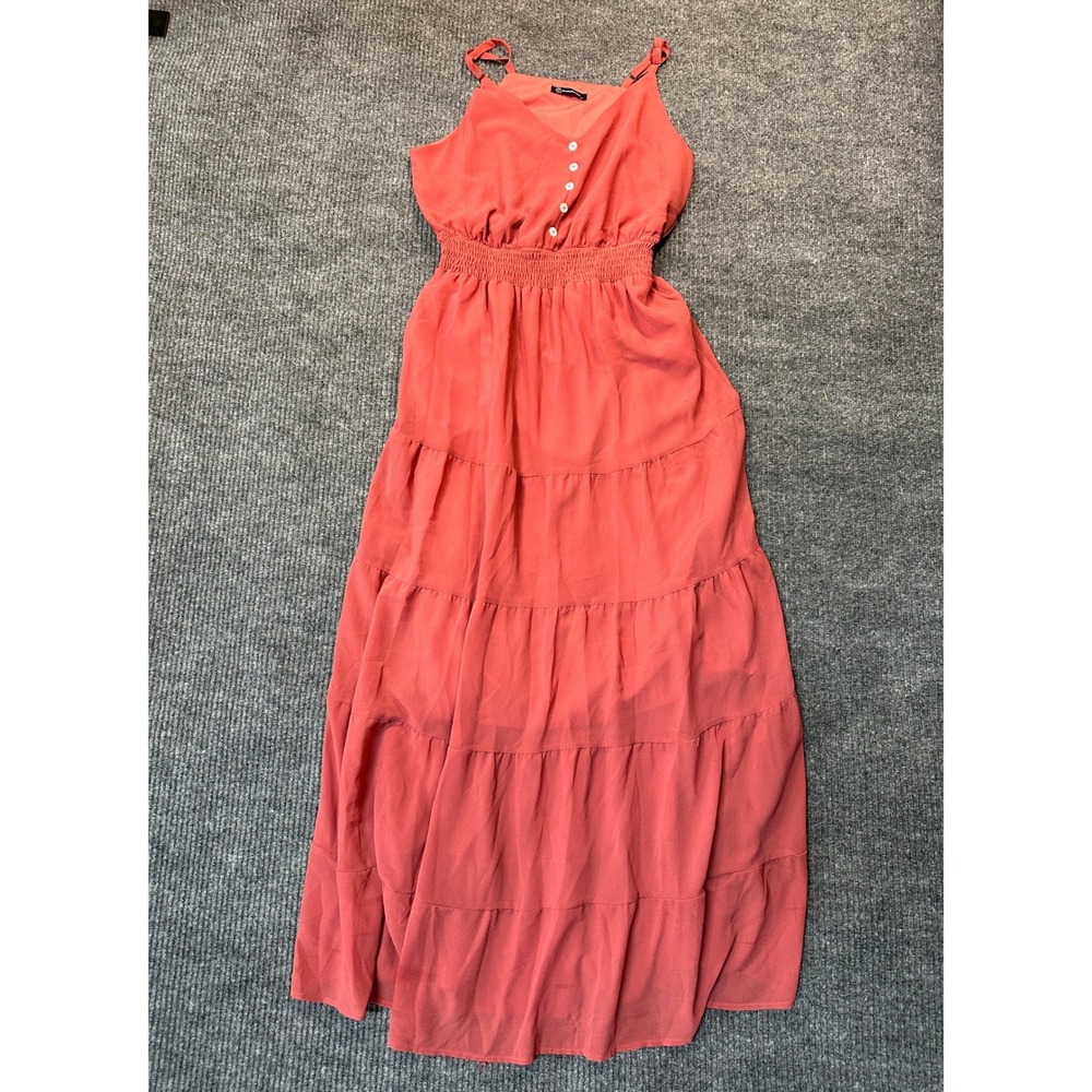 PrettyGarden Tiered Maxi Dress Medium Coral Pink Smocked Waist Chiffon